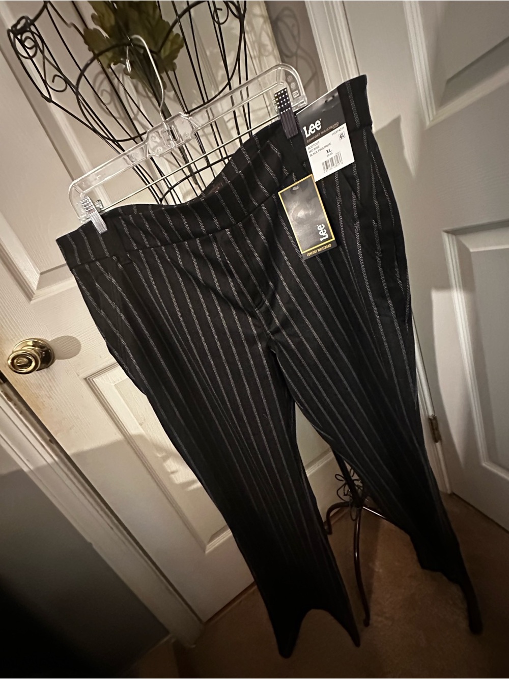 Lee womens Black Pinstripe pants bootcut XL with stretch waist & pockets NWT